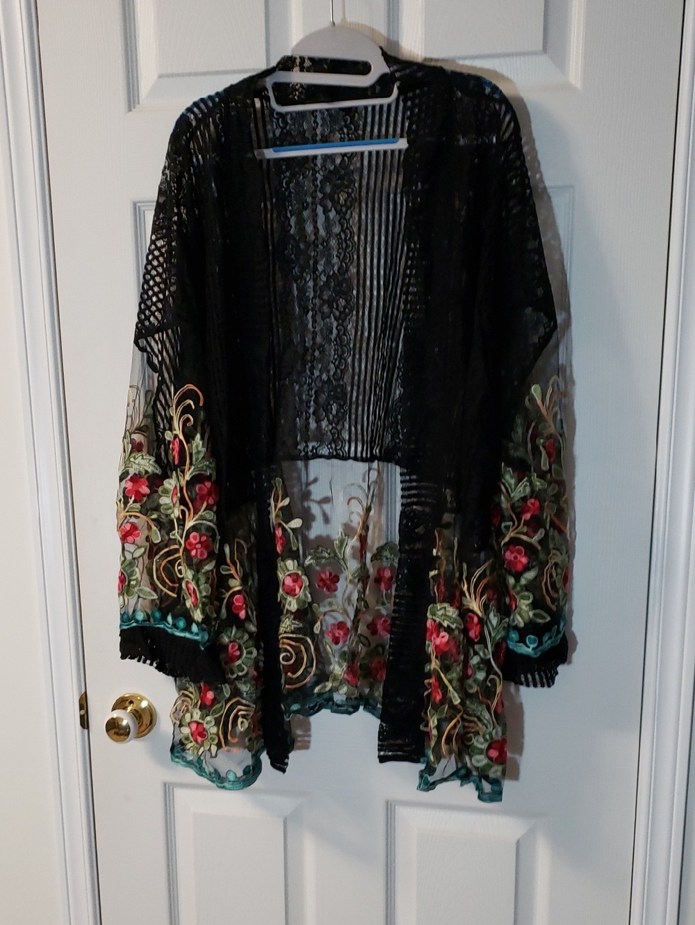 Black Sheer Embroidered Floral Kimono Sweater